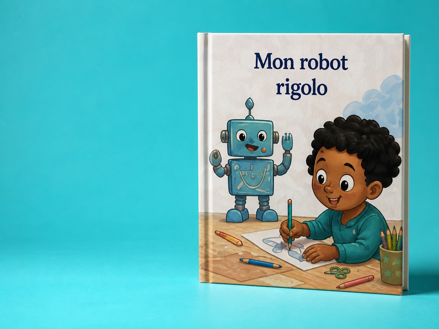 Couverture d’un livre illustré montrant un enfant qui dessine un robot.