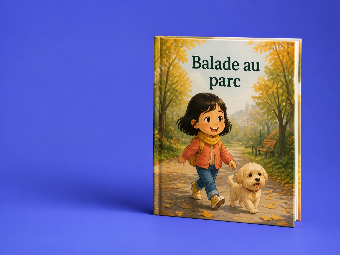 Couverture d’un livre illustré montrant une enfant en promenade au parc avec son chien.