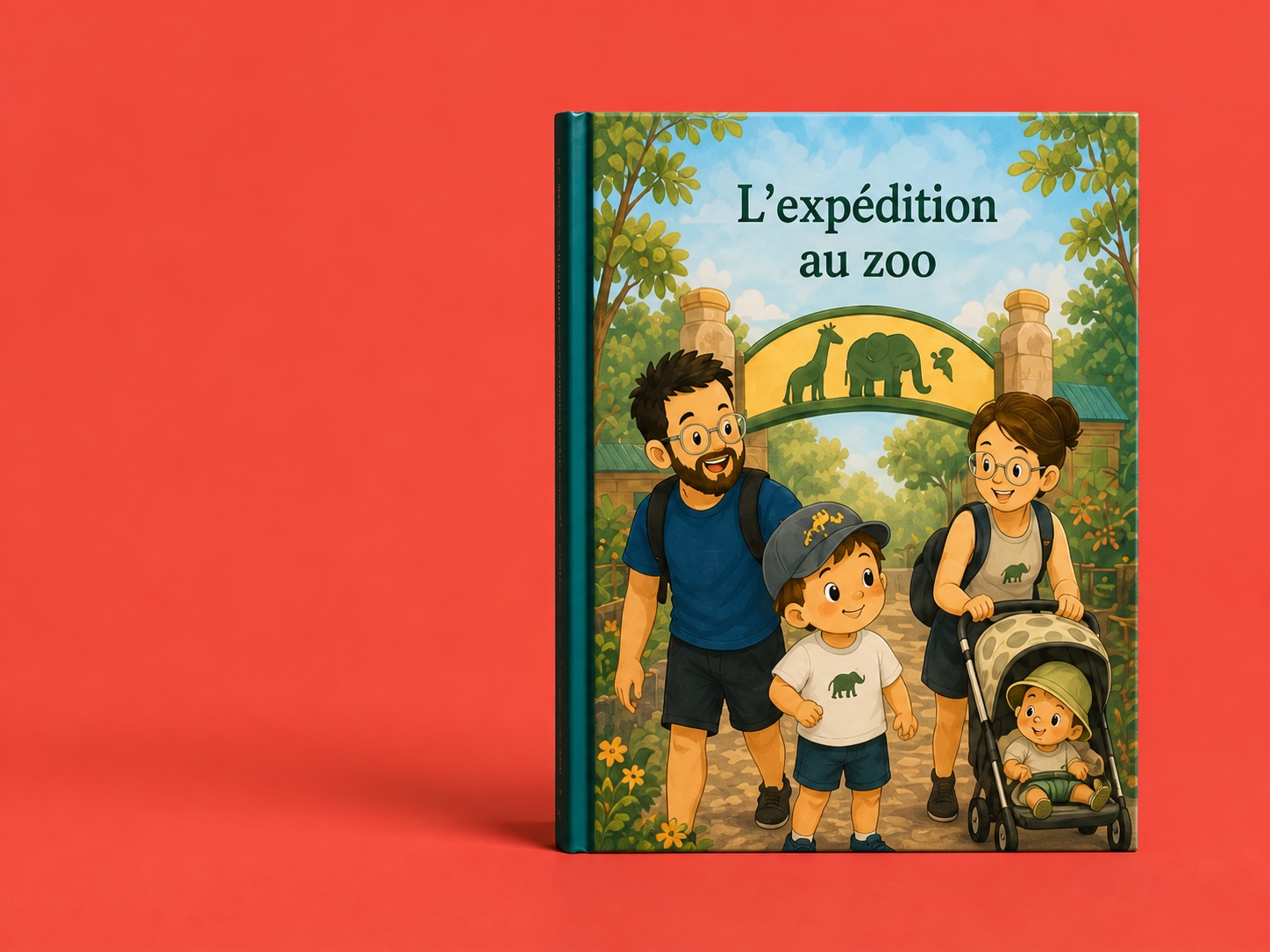Couverture d’un livre illustré personnalisé sur une sortie familiale au zoo.