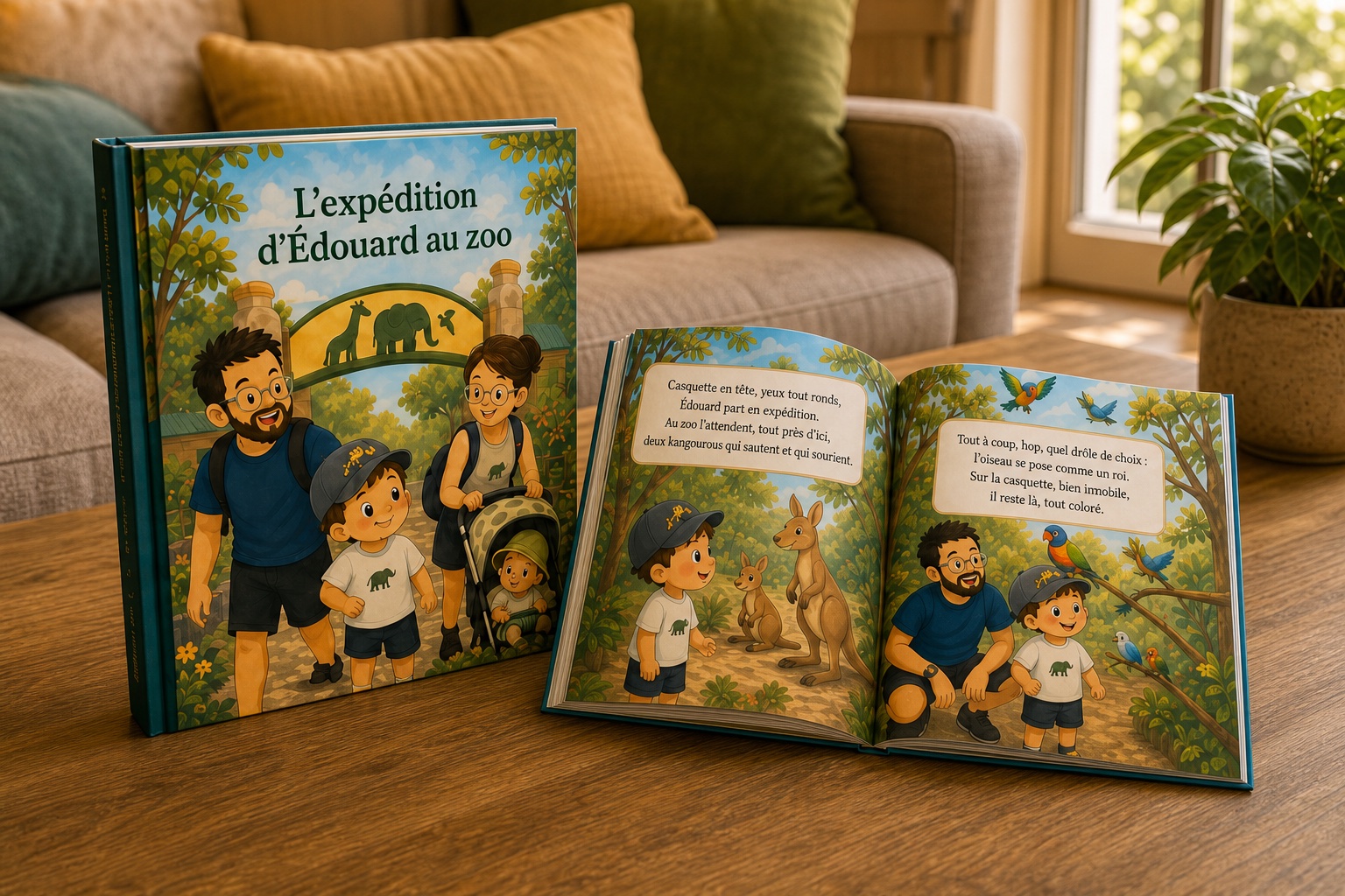 Un livre personnalisé sur une sortie familiale au zoo, présenté fermé et ouvert sur une double page illustrée.